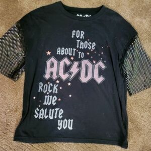 Juniors Top AC/DC Rhinstone Sleeves Oversized Sz Small .